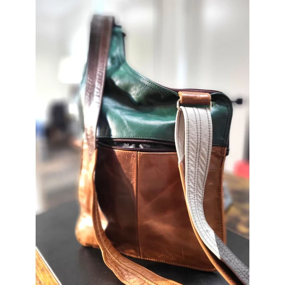 Vintag Asymmetrical Earth Tone Colorblock Distressed Patchwork Leather Crossbody